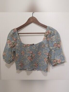 American Eagle Cotton Linen Blend Crop Top W/Floral Print & Puff Sleeves Size S